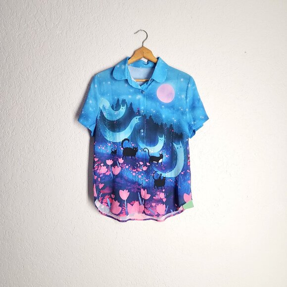 Blackmilk Kitty Parade Cute As A Button Shirt Cats Ghost size 14  XL US - Picture 1 of 7